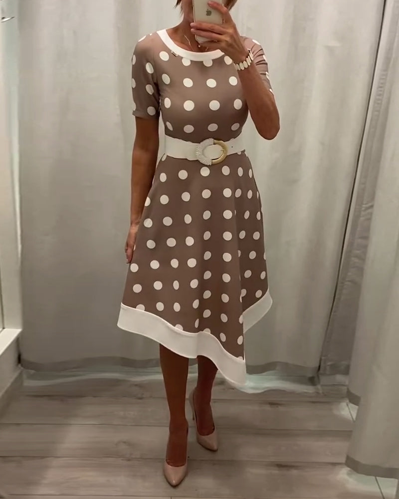 Elegant polka dot print round neck A-line dress casual dresses spring summer