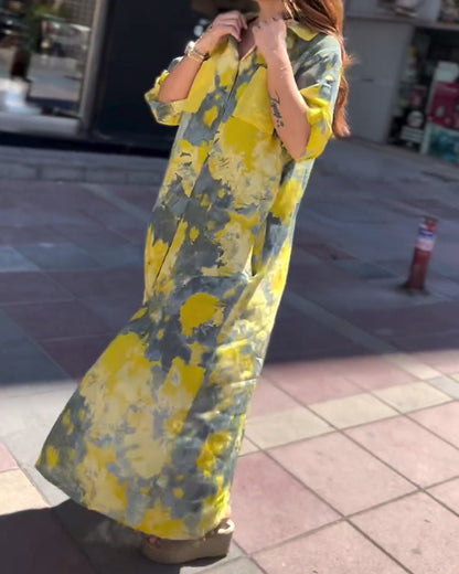 Tie-dye lapel pocket slit maxi dress casual dresses spring summer