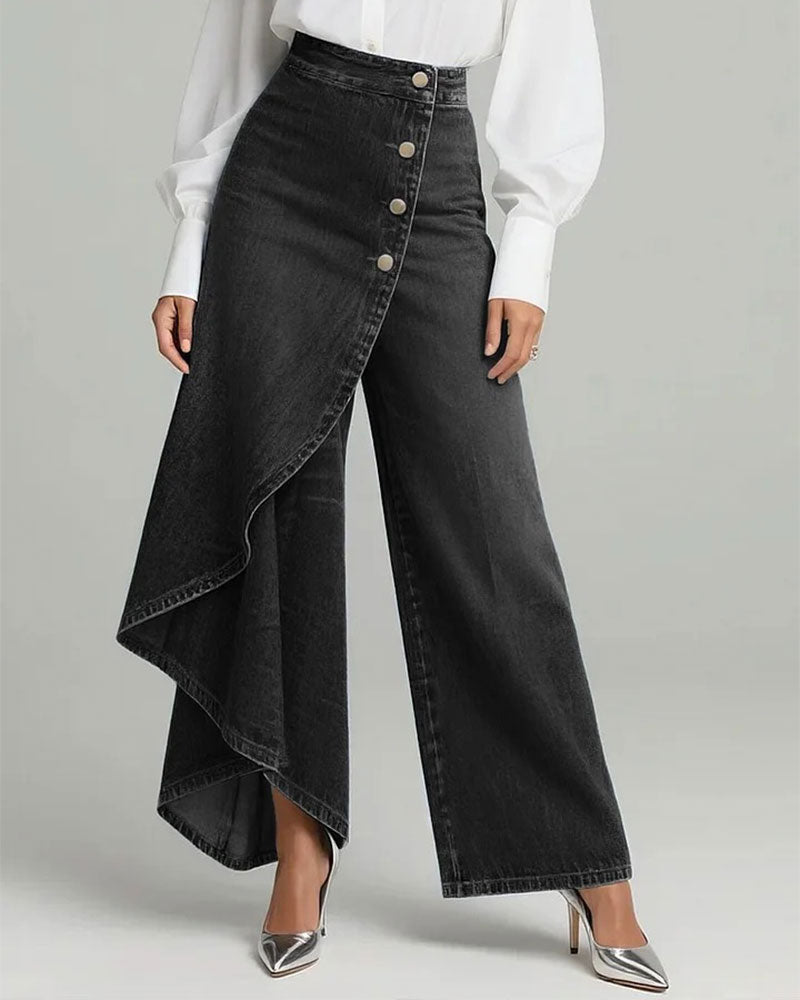 Asymmetrical Wrap Denim Wide-Leg Pants