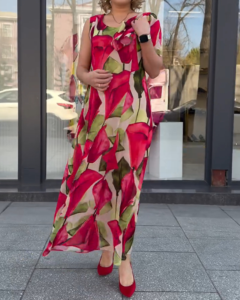 Ärmelloses, bedrucktes Kleid mit U-Ausschnitt