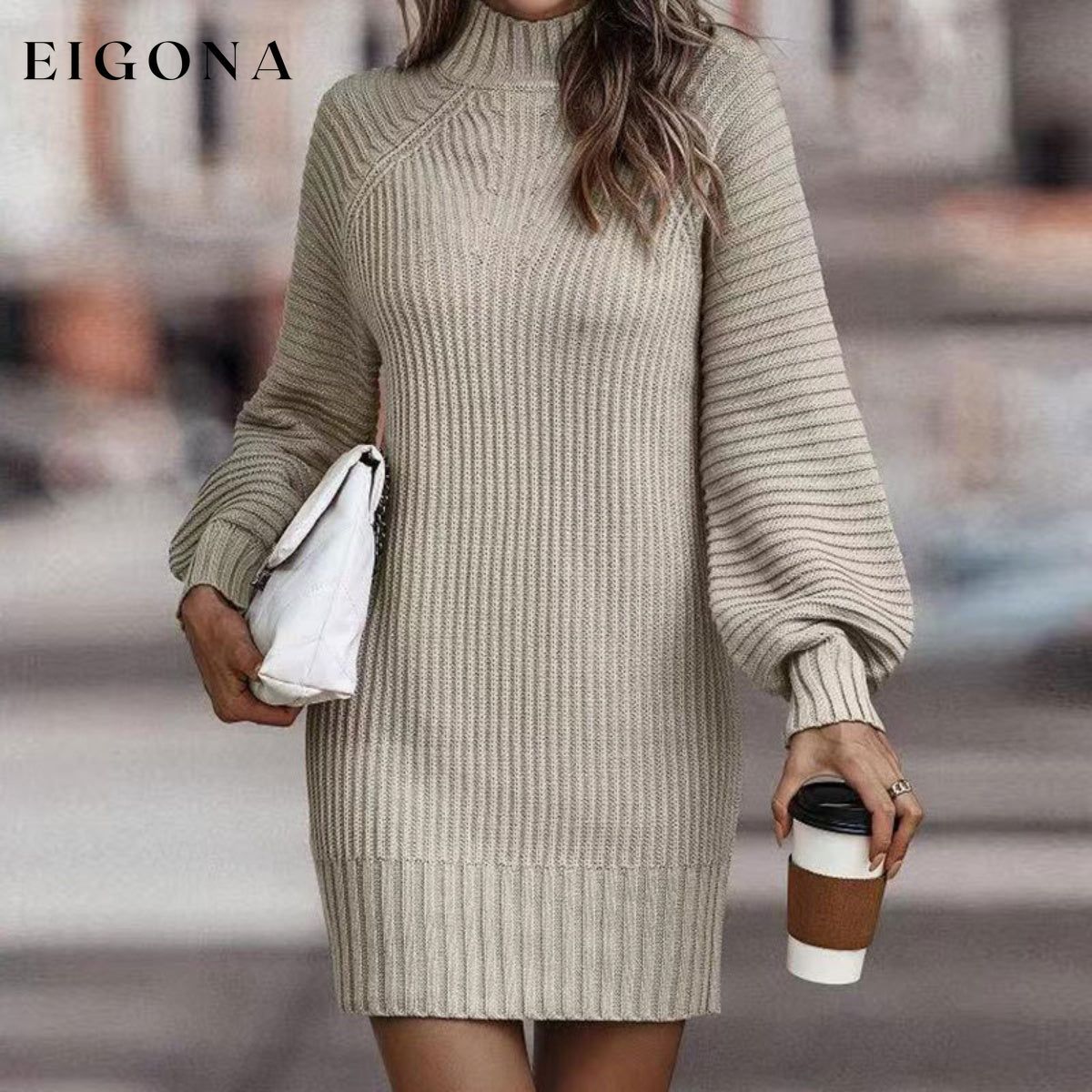 Mock Neck Lantern Sleeve Sweater Dress Light Gray casual dresses clothes dress dresses Ship From Overseas Shipping Delay 09/29/2023 - 10/04/2023 sweater dress Y@Y@D@Y