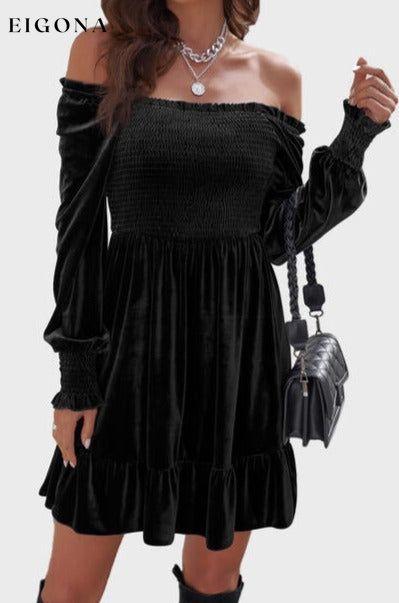 Square Neck Smocked Ruffle Hem Dress Black clothes Ship From Overseas SYNZ