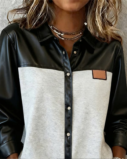 Lapel Patchwork Leather Shirt