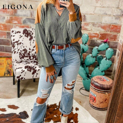 Laurel Green Contrast Patchwork V Neck Corded Top clothes Color Green Fabric Ribbed long sleeve shirt long sleeve shirts Occasion Daily Print Color Block Season Winter shirt shirts short sleeve shirt Style Western