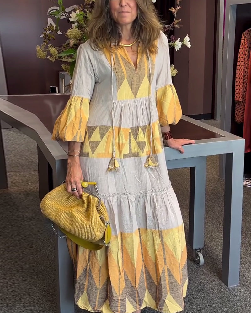 Printed bell sleeves V-neck loose dress casual dresses spring summer