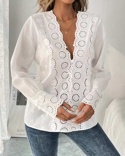 Elegant V-Neck Hollow Blouse
