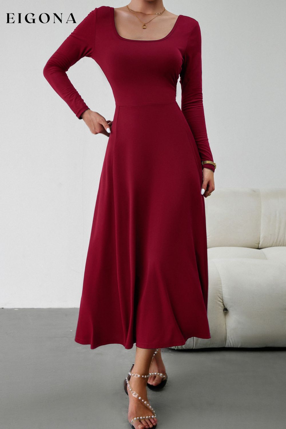 Scoop Neck Long Sleeve Lace-Up Maxi Dress Wine clothes dress dresses DY long dress maxi dress Ship From Overseas