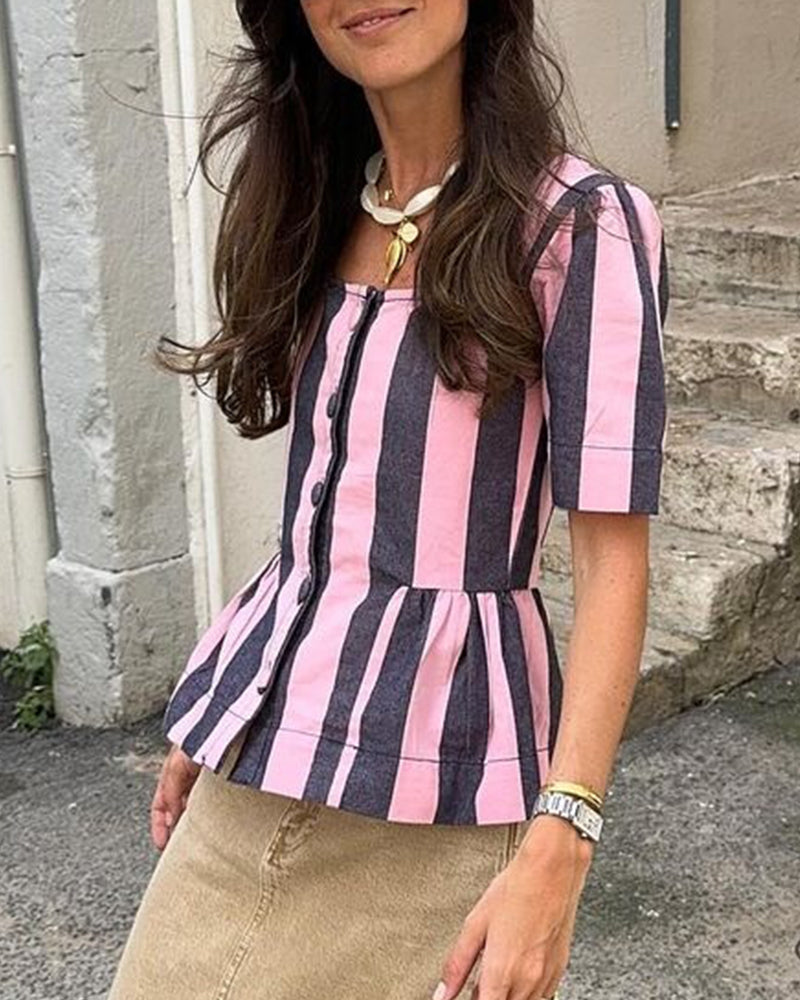 Vertical stripe print short-sleeved casual top 202466 blouses & shirts summer