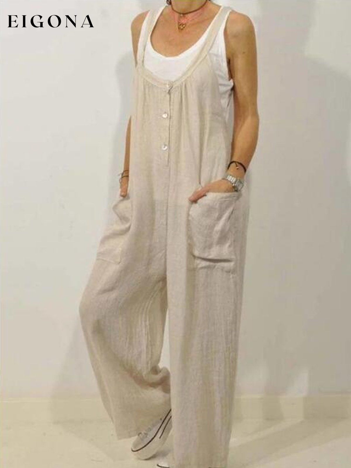 Women's Casual Pure Color Shirring Wide Leg Jumpsuit