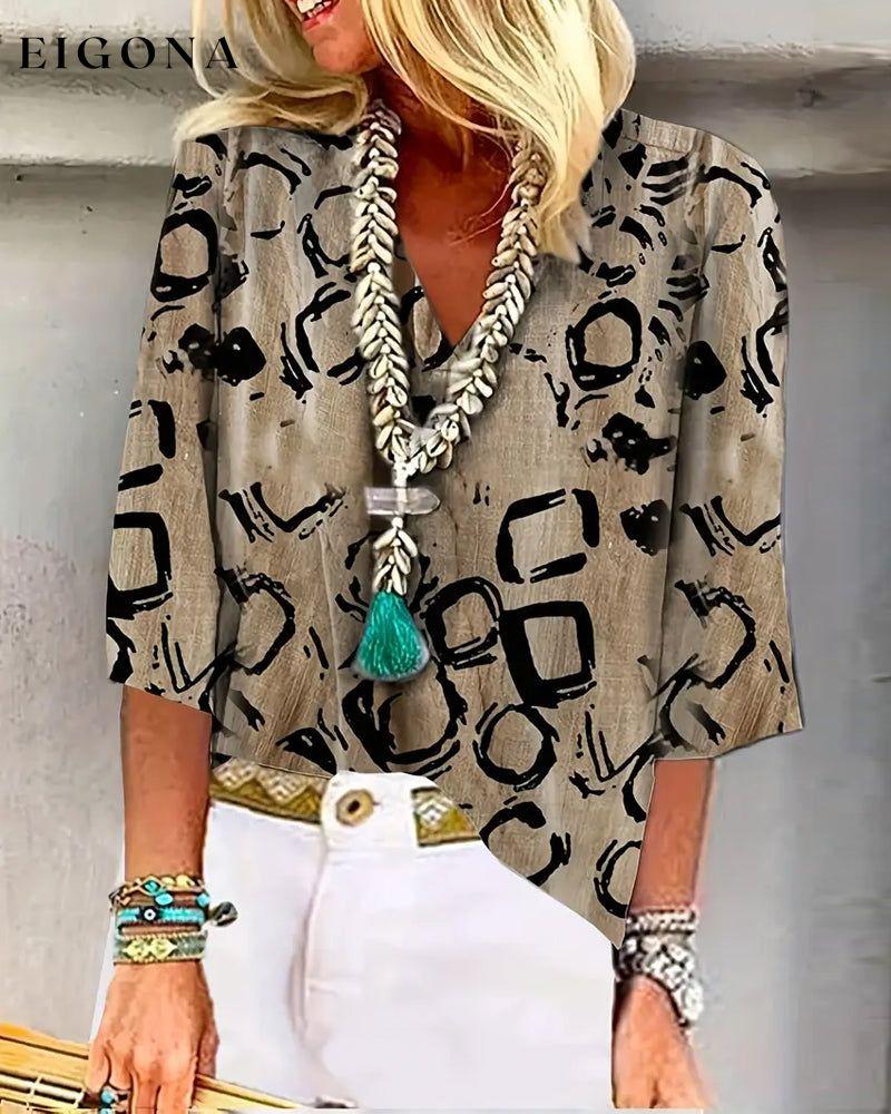 Casual retro printed v-neck top blouses & shirts spring summer