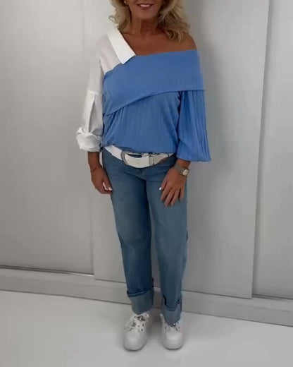 Schulterfreie Bluse mit unregelmäßiger Kontrastfarbe