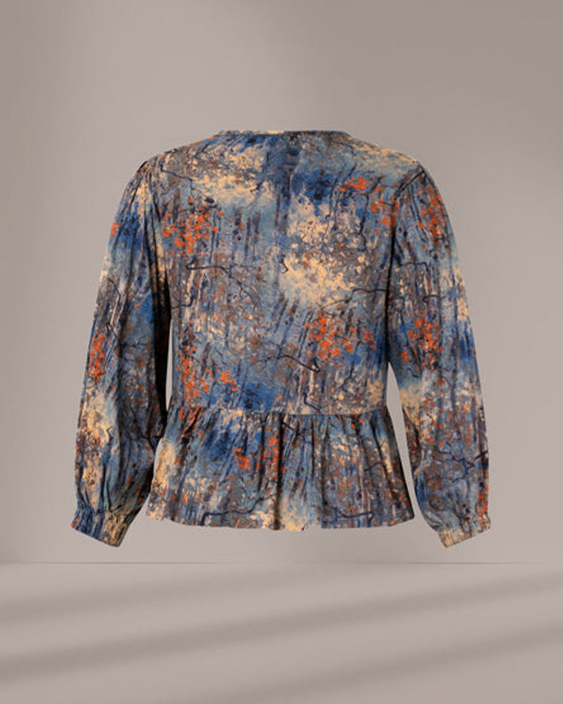 Lantern Sleeve Landscape Painting Blouse