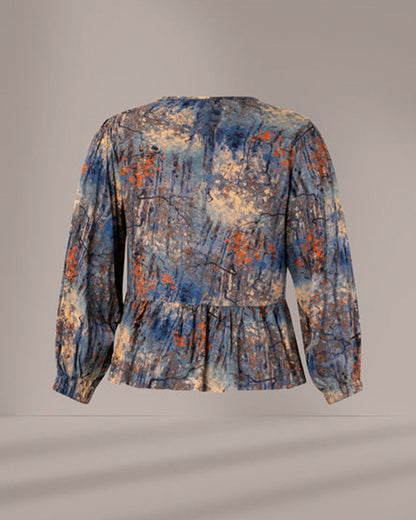 Lantern Sleeve Landscape Painting Blouse
