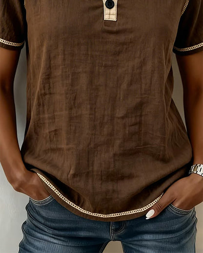 Color Block Topstitch Henley Neck Short Sleeve Blouse