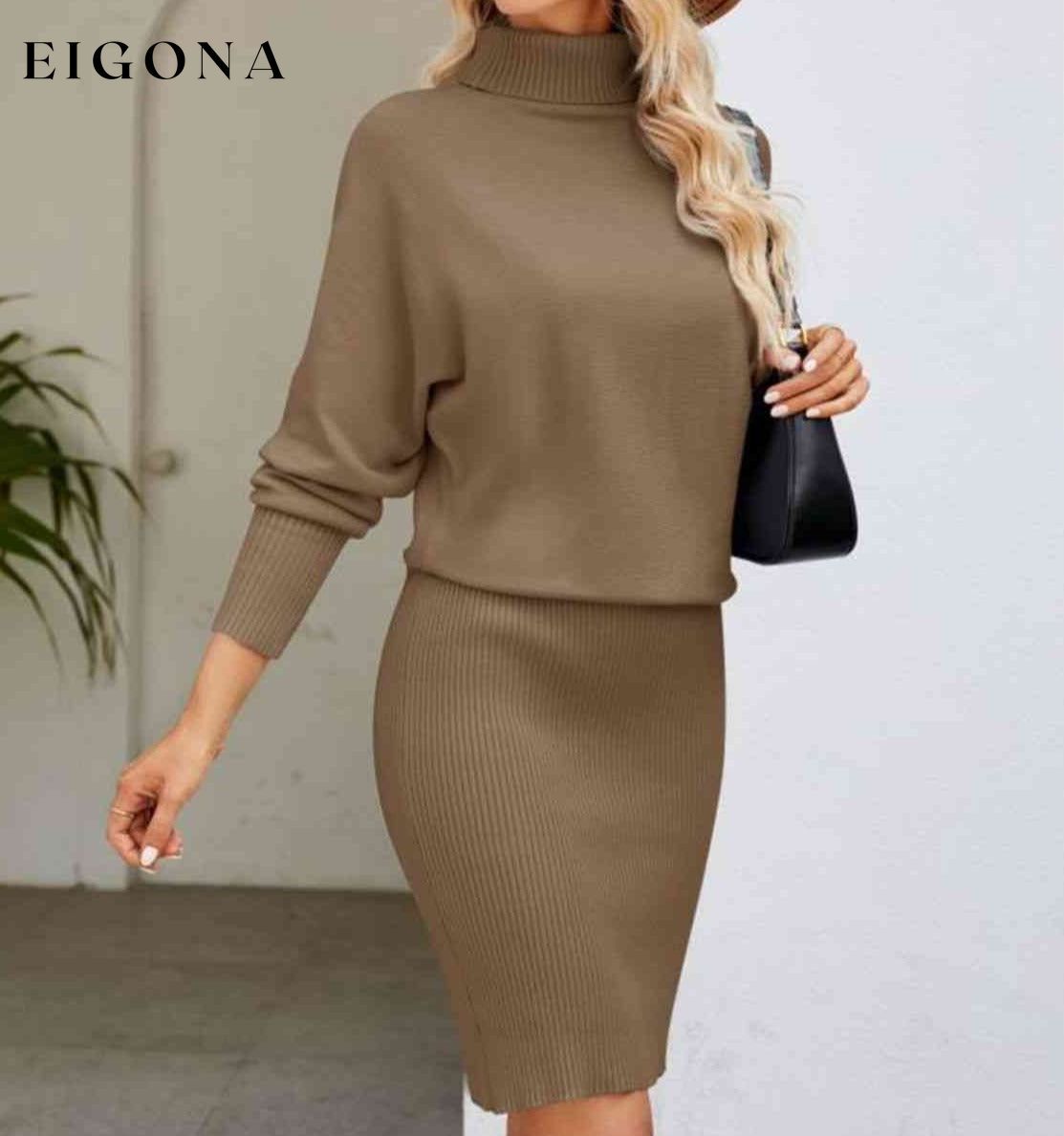 Turtle Neck Long Sleeve Ribbed Sweater Dress Caramel clothes Ship From Overseas Yh