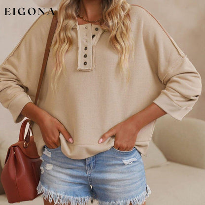 Casual Button Solid Patchwork Trim Hoodie All In Stock clothes Color Khaki Craft Patchwork long sleeve shirts long sleeve top Occasion Daily Print Solid Color Season Fall & Autumn Style Casual Sweater sweaters Sweatshirt