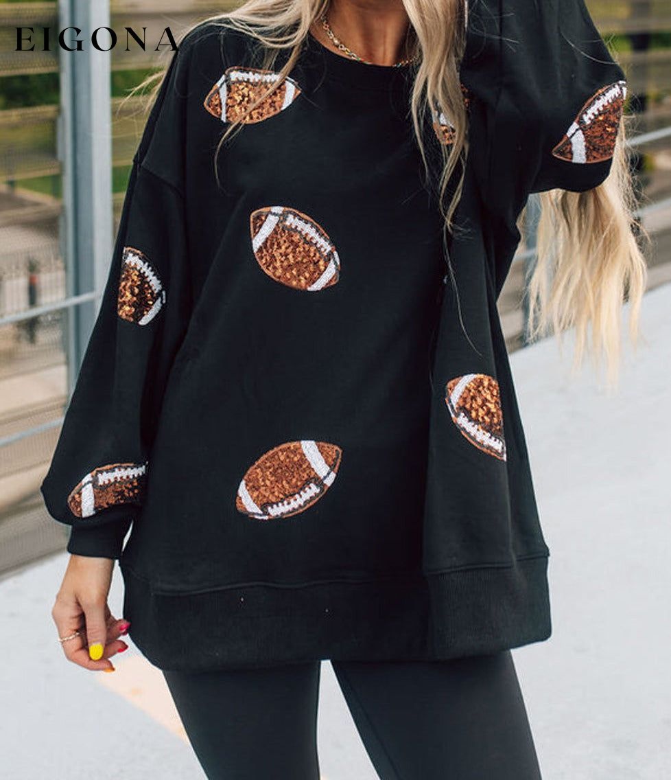 Black Sequin Rugby Graphic Pullover Football Sweatshirt All In Stock Ball Graphic Collection clothes Craft Sequin Hot picks Season Fall & Autumn Style Casual Sweater sweaters