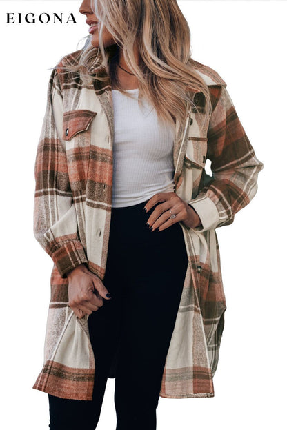 Brown Plaid Print Flap Pockets Long Shacket All In Stock Category Shacket clothes DL Exclusive DL Out West Fall To Winter Hot picks jacket Jackets & Coats Occasion Daily Print Plaid Season Winter Style Casual