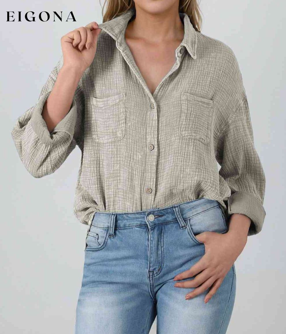 Textured Button Down Shirt Beige button down shirt clothes Ship From Overseas shirt SYNZ top