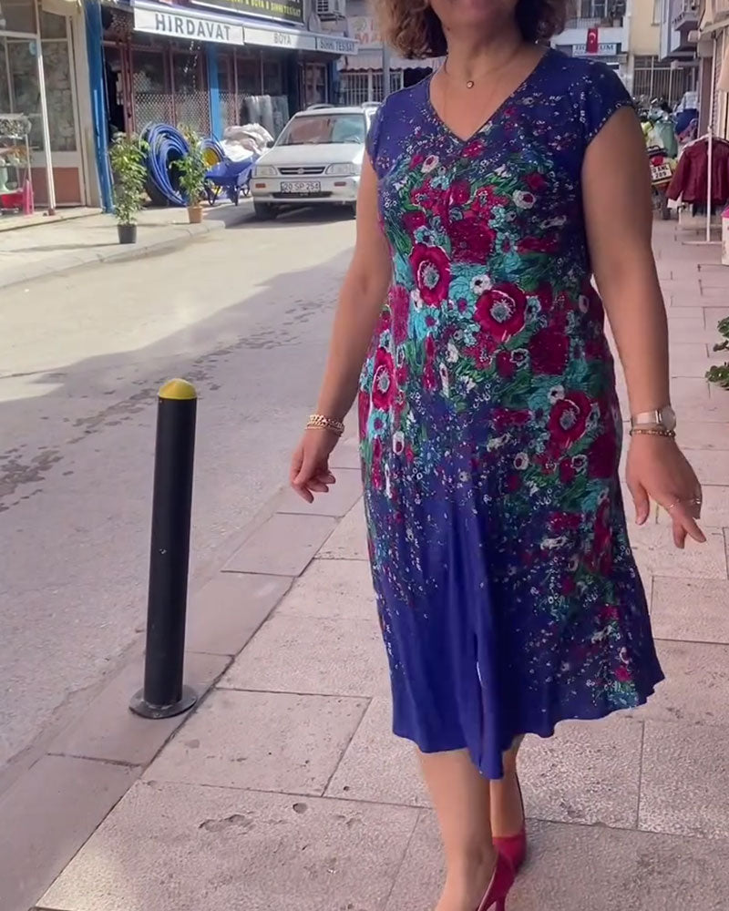 Lässiges Kleid mit V-Ausschnitt und Blumendruck