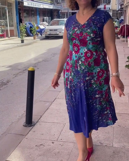 Lässiges Kleid mit V-Ausschnitt und Blumendruck