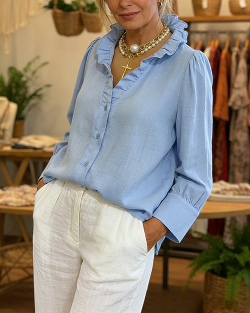 Elegant Lace Ruffle Linen Blouse