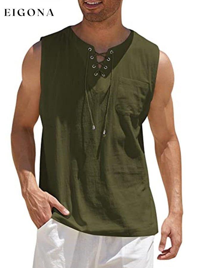 Men's Casual Cotton Linen Solid Color Hooded Lace Up Vest men s linens