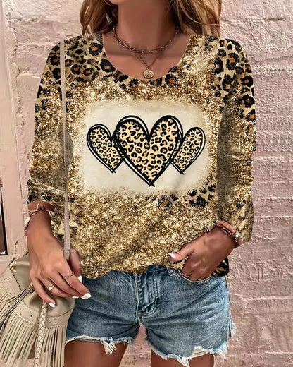 Casual Leopard Colorblock Heart Print Top 2024 f/w blouses & shirts spring