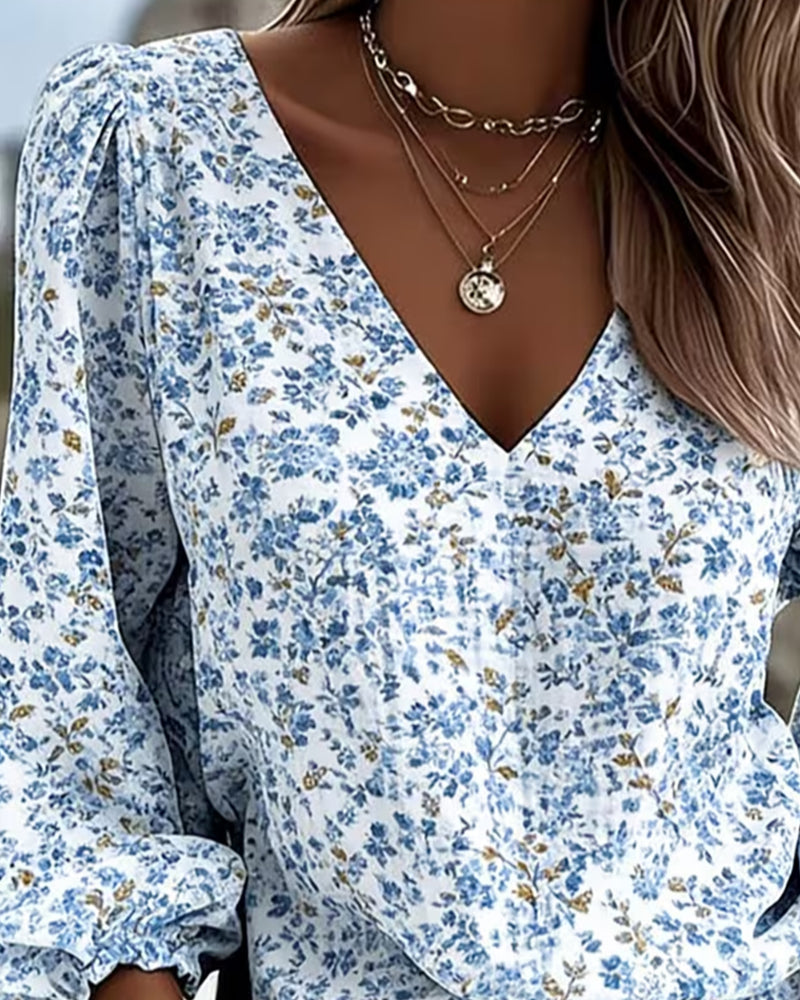 Puff Sleeve Floral V-Neck Blouse