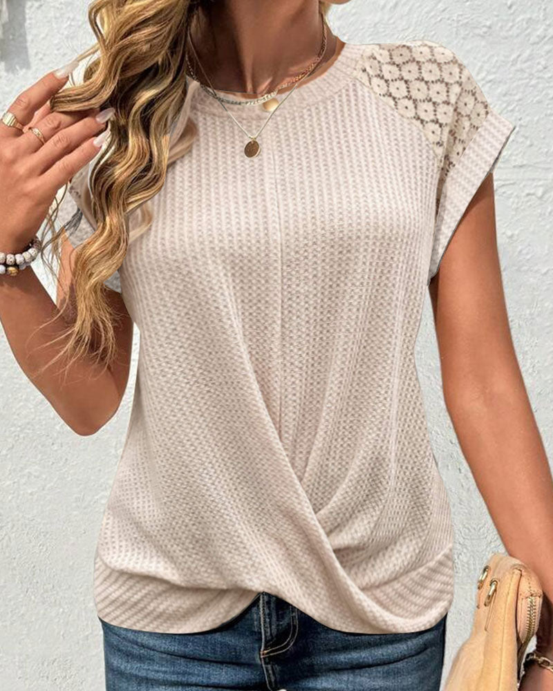 Solid Color Lace Patchwork Cross Pleated T-Shirt