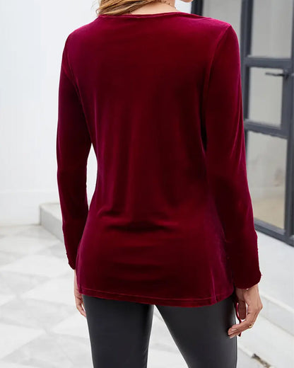 Sequined Velvet Drawstring Long Sleeve Top