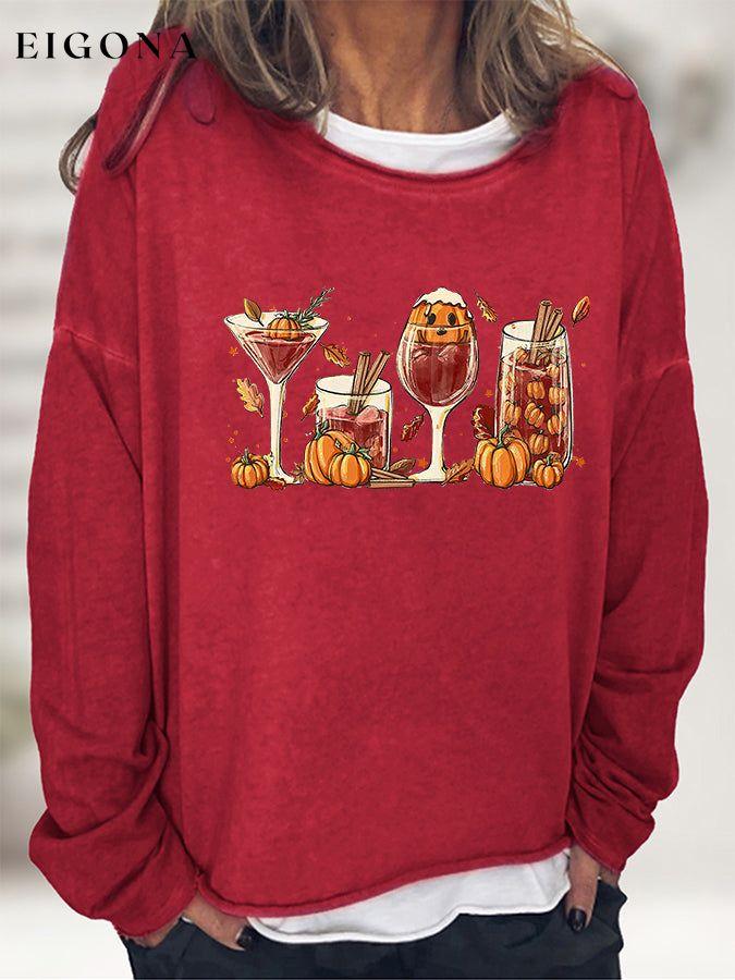 Round Neck Long Sleeve Full Size Graphic Halloween October Fall Season Pumpkin Spice Sweatshirt Red Orange clothes G@L@X long sleeve shirts long sleeve top Ship From Overseas Shipping Delay 09/29/2023 - 10/04/2023 t shirts top tops trend