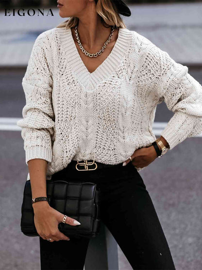 V-Neck Cable-Knit Long Sleeve Sweater Ivory A@Y@M clothes Ship From Overseas