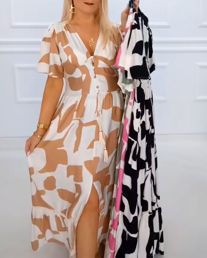 Festliches Kleid mit tiefem V-Ausschnitt und Print