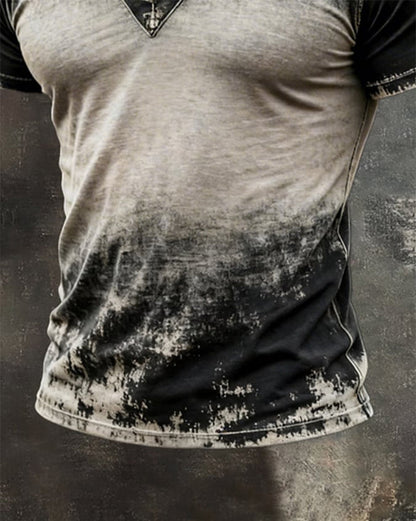 Retro Men's Top With A Used Look, Color Block Design, V-Neck And Short Sleeves