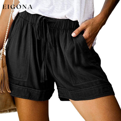 Womens Casual Drawstring Elastic Waist Summer Shorts with Pockets Black __stock:500 bottoms refund_fee:800