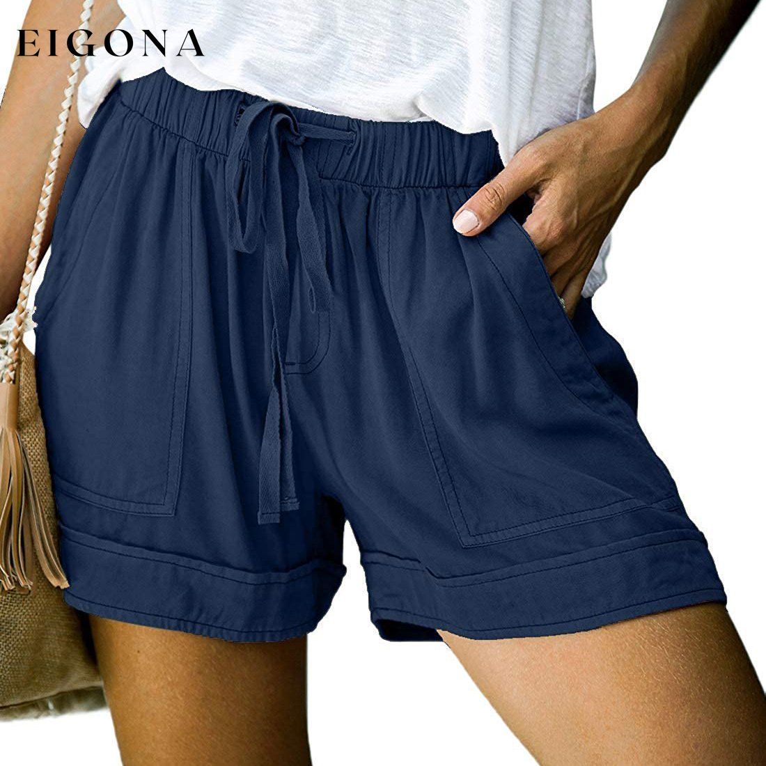 Womens Casual Drawstring Elastic Waist Summer Shorts with Pockets Navy __stock:500 bottoms refund_fee:800