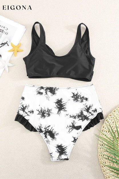 Two-Tone Crisscross Frill Trim Two-Piece Swimsuit 2 pieces beach wear clothes Ship From Overseas swim swimwear SYNZ