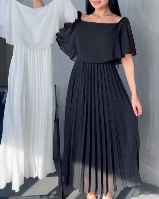 Solid color square neck pleated dress casual dresses summer
