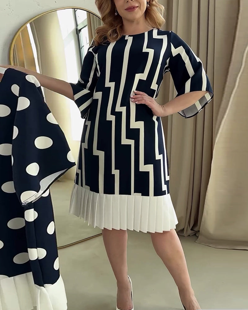 Striped print patchwork pleated dress Navy Blue casual dresses summer