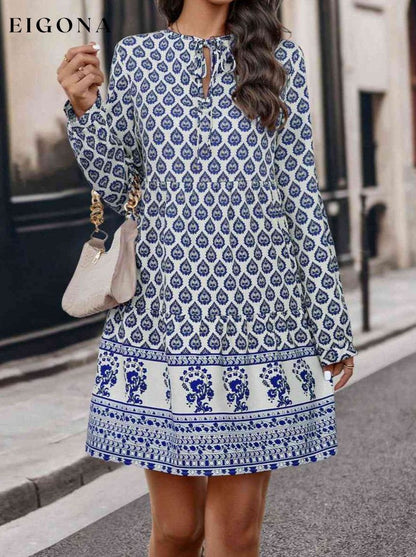 Printed Tie Neck Long Sleeve Dress Peacock Blue clothes Ship From Overseas YO