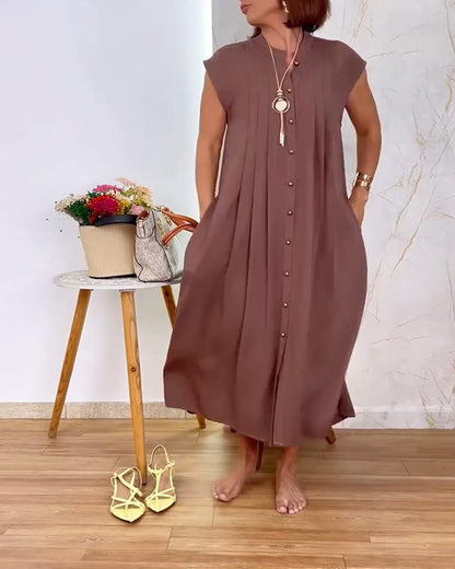 Sleeveless Stand Collar Pleated Waist Dress