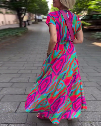 Colorful printed V-neck raglan sleeves long dress casual dresses spring summer