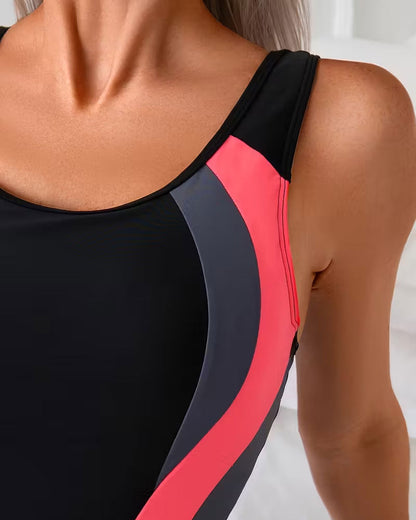 Color-Blocked Printed One-Piece Swimsuit