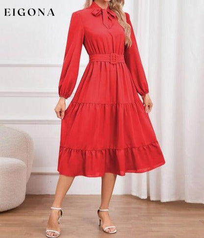 Tie Neck Long Sleeve Tiered Dress Red clothes H.Y.G@E Ship From Overseas