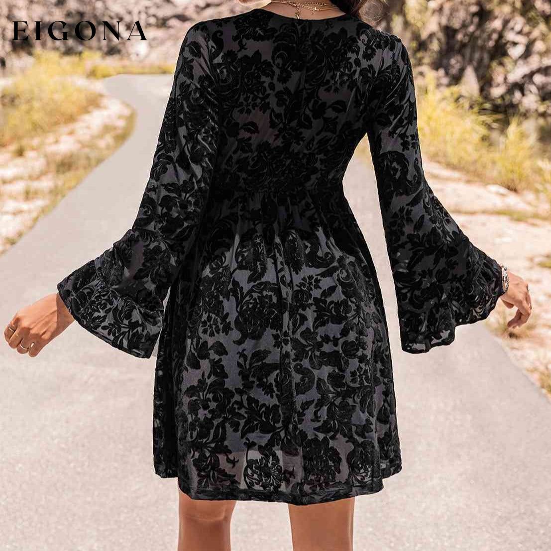 Floral V-Neck Flare Sleeve Mini Dress clothes H.R.Z Ship From Overseas