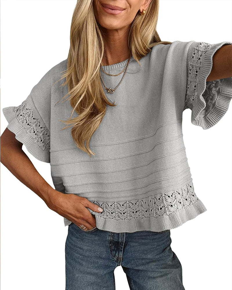 Round Neck Ruffled Hem Hollow Out Blouse
