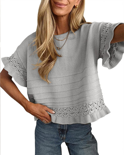Round Neck Ruffled Hem Hollow Out Blouse