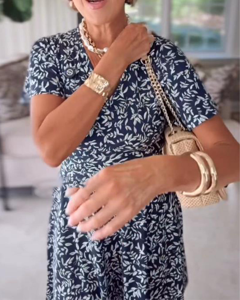 V-Neck Leaf Print Short Sleeve Dress
