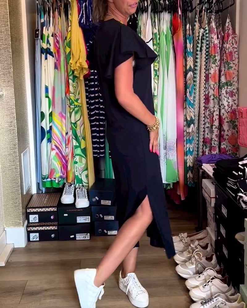 Lässiges Kleid mit Buchstabendruck, Rüschenärmeln und Schlitz